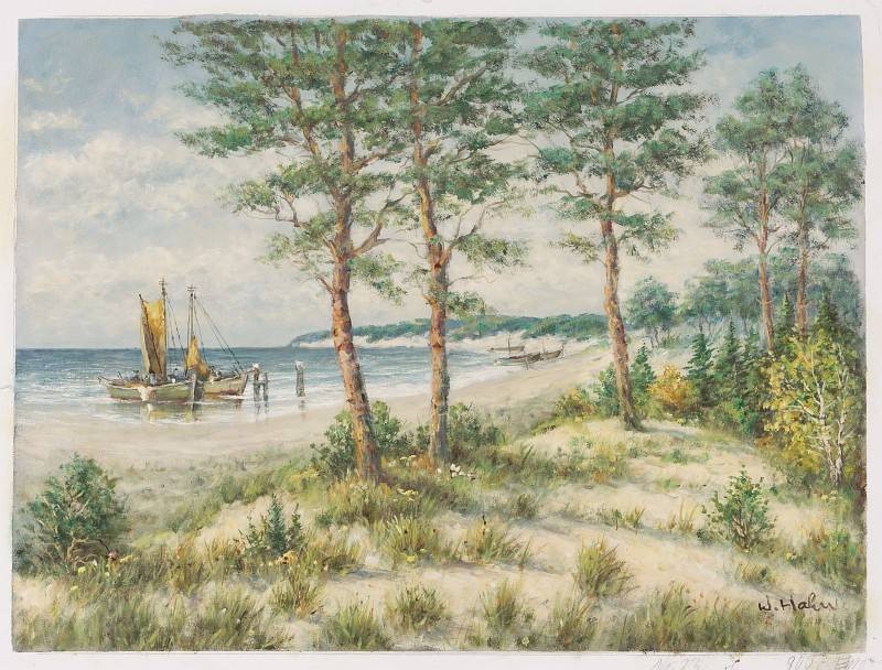 Hahn Willi Segelboote am Strand (Öl auf Leinwand) (Landschaftsmalerei, Meer, Strand, Boot, Ufer, Bäume, Idylle, Ölbild, Original, Wohnzimmer,)