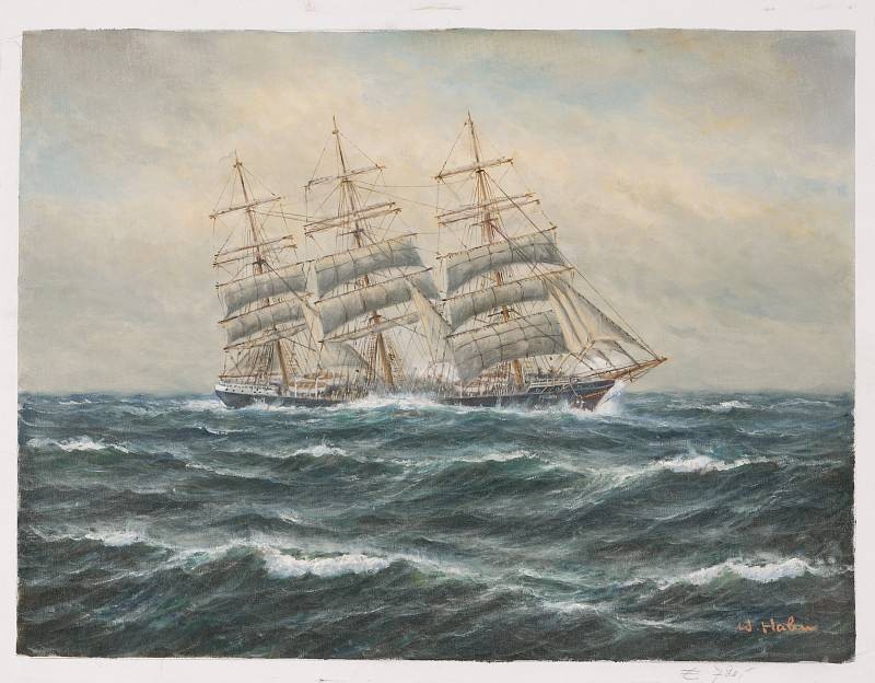 Hahn Willi Segelschiff im Sturm (Öl auf Leinwand) (Meer, Meeresbrise, Segelschiff, Dreimaster, Sturm, Seegang, Wellen, Ölbild, Original, Wohnzimmer,)