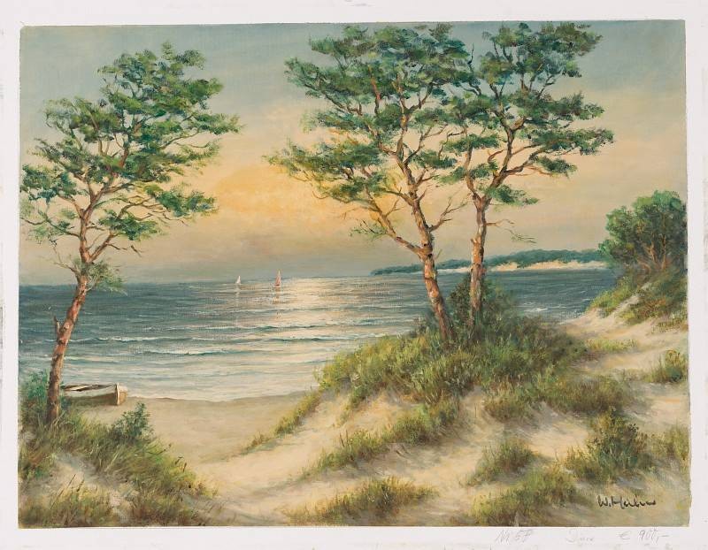 Hahn Willi Segelboote im Abendlicht I (Öl auf Leinwand) (Landschaftsmalerei, Meer, Strand, Boot, Ufer, Bäume, Idylle, Sonnenuntergang, Ölbild, Original, Wohnzimmer,)