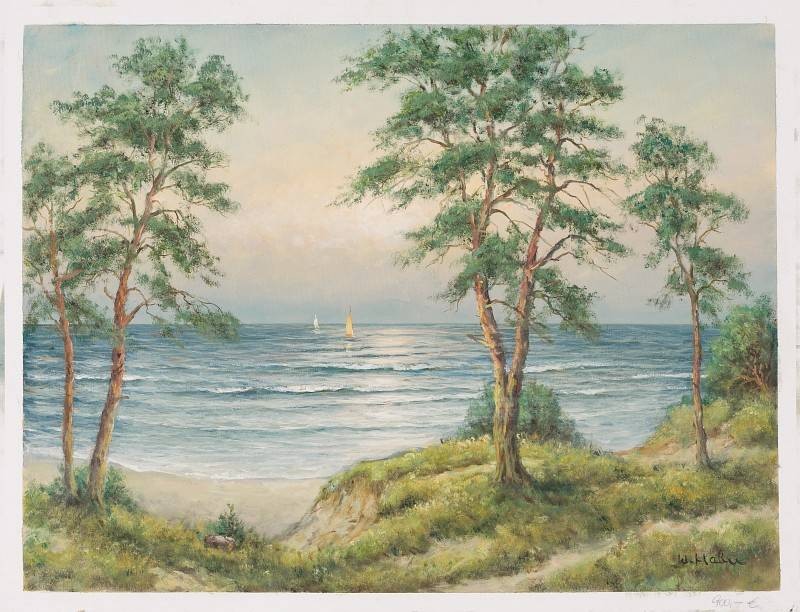 Hahn Willi Segelboote im Abendlicht II (Öl auf Leinwand) (Landschaftsmalerei, Meer, Strand, Boote, Ufer, Bäume, Horizont,Idylle, Ölbild, Original, Wohnzimmer,)