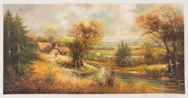 Leupen Jan van der Gehöft am Fluss (Öl auf Leinwand) (Landschaftsmalerei, Natur, Bach, Bäume, Idylle, Bauernhof, romantisch, Original, Wohnzimmer, bunt)