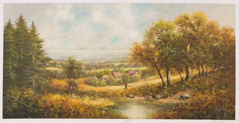 Leupen Jan van der Blick in die Ferne (Öl auf Leinwand) (Landschaftsmalerei, Natur, Bach, Bäume, Idylle, Bauernhof, romantisch, Original, Wohnzimmer, bunt)