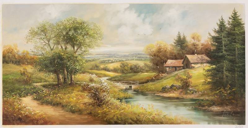 Leupen Jan van der Holzhütten am Bach (Öl auf Leinwand) (Landschaftsmalerei, Natur, Bach, Bäume, Idylle, Bauernhof, romantisch, Original, Wohnzimmer, bunt)