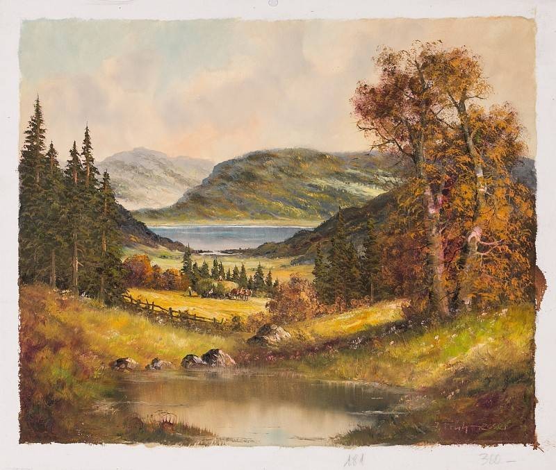 Frühmesser Josef Heuernte im Abendlicht (Öl auf Leinwand) (Landschaft, Landschaftsmalerei, Berge, Herbst, See, Bäume, Sonnenuntergang, Original, Wohnzimmer, bunt)