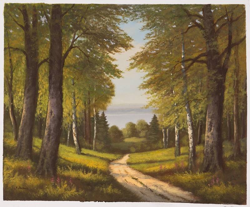 Sandner Peter Waldweg zum See (Öl auf Leinwand) (Landschaft, Wald, Bäume, Waldweg, Natur, Ruhe, Stille, Idylle, romantisch, Malerei, Original, Wohnzimmer, bunt)