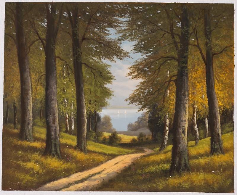 Sandner Peter Weg zum See mit Booten (Öl auf Leinwand) (Landschaft, Wald, Bäume, Waldweg, See, Natur, Ruhe, Stille, Idylle, romantisch, Malerei, Original, Wohnzimmer, bunt)