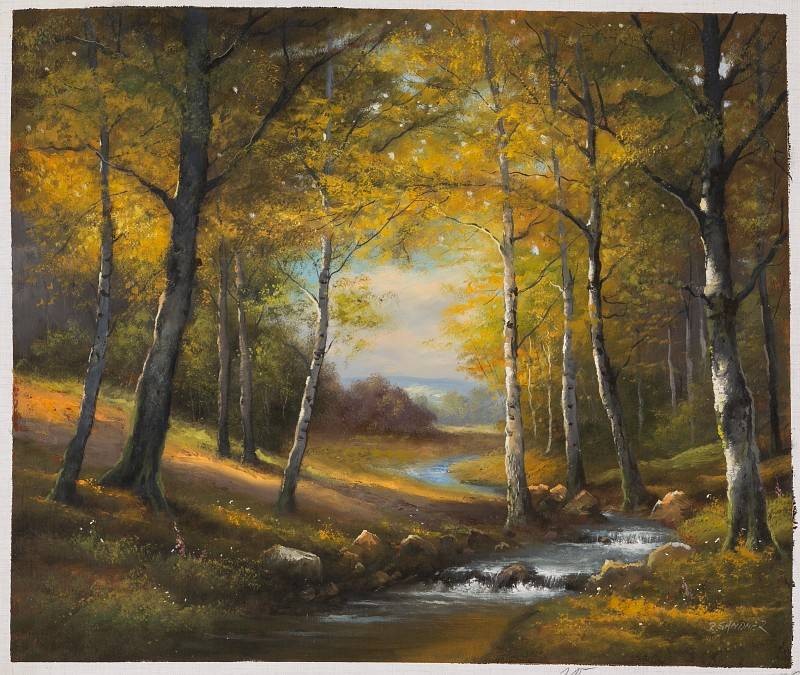 Sandner Peter Birkenwald mit Bachlauf (Öl auf Leinwand) (Landschaft, Wald, Bäume, Bach, Natur, Ruhe, Stille, Idylle, romantisch, Malerei, Original, Wohnzimmer, bunt)