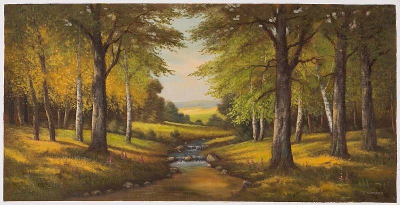 Sandner Peter Bachlauf mit Blumen (Öl auf Leinwand) (Landschaft, Wald, Bäume, Bach, Natur, Ruhe, Stille, Idylle, romantisch, Malerei, Original, Wohnzimmer, bunt)