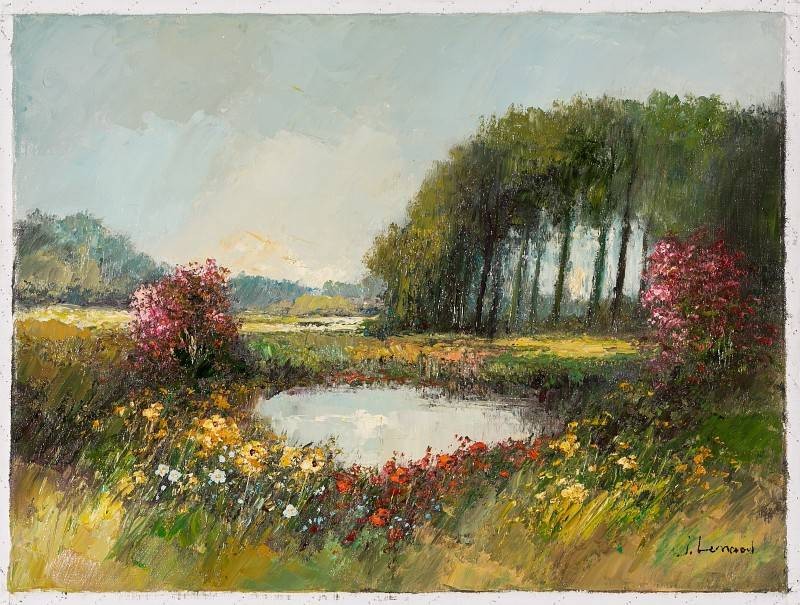 Lenaers Jef Blumenwiese Waldstück (Öl auf Leinwand) (Landschaft, Landschaftsmalerei, Blumen, Bäume, Blüten, Teich, Sommer, Ebene, Wohnzimmer, Treppenhaus, Original, Malerei, bunt)