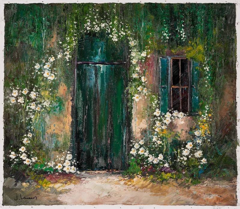 Lenaers Jef Tür und Fenster (Öl auf Leinwand) (Garten, Haus, haustür, Fenster, Nostalgie, blumen, Blüten, romantisch, Wohnzimmer, Esszimmer, Treppenhaus, Original, Malerei, bunt)