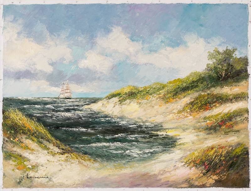 Lenaers Jef Küste mit Segelschiff (Öl auf Leinwand) (Landschaft, Landschaftsmalerei,  Dünen, Dünenlandschaft, Meer, Segelschiff, Himmel, Wolken, Wohnzimmer, Treppenhaus, Original, Malerei, bunt)