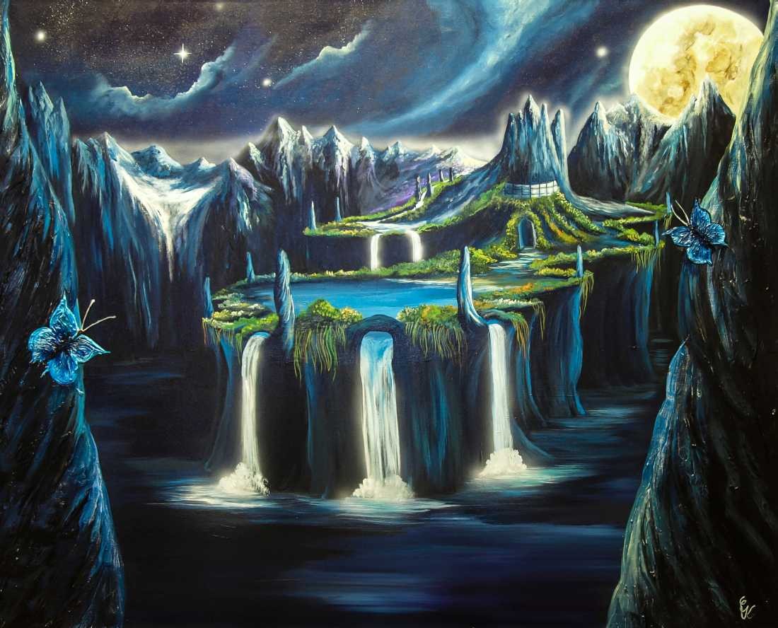 Conny Krakowski, Nur ein Traum (Surrealismus, Traum, Magie, Esoterik, Baum, Traumbaum,Lebensbaum,Geburt,Leben,Sterben,Wege, Lebensweg, Phantasie,Fantasie,Realismus,Malerei,Gemläde,detaiiert,Traumbild,Traumlandschaft,Landschaftsmalerei,Träumerei,Wasserfall,Berge,Wolken,)