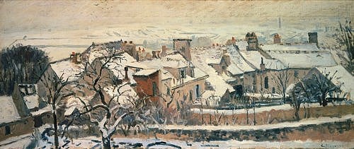 Camille Pissarro, Winter in Louveciennes (aus: die vier Jahreszeiten). 1872. (Christie's Images Ltd,Pissarro,Camille,1830-1903,Camille Pissarro,19. Jahrhundert,Winter,Louveciennes,Frankreich,Schnee,Jahreszeit,Dächer,Aussicht,Vogelperspektive,Dorf, französischer impressionismus)