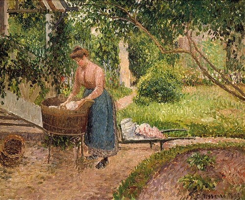 Camille Pissarro, Wäscherin in Eragny. 1889. (Öl auf Leinwand,1830-1903,Pissarro,Camille,Christie's Images Ltd,Camille Pissarro,19. Jahrhundert,Wäscherin,Eragny,Frankreich,Impressionismus,impressionistisch,Frau,waschen,Waschzuber,Handwäsche,Garten,Arbeit,Hausarbeit,Hausfrau,Schubkarre,Wäsche)