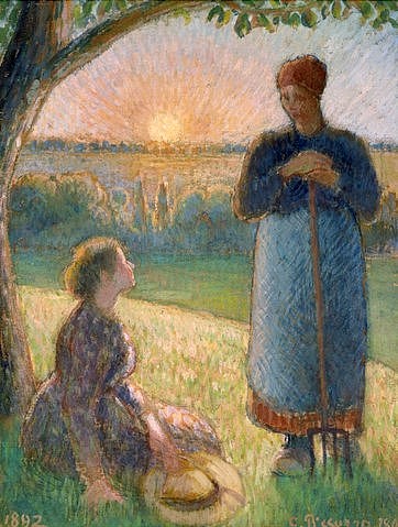 Camille Pissarro, Bäuerinnen bei Sonnenuntergang (Eragny). 1892. (Christie's Images Ltd,Pissarro,Camille,1830-1903,Camille Pissarro,Bäuerin,Frauen,Bäuerinnen,Sonnenuntergang,Eragny,Frankreich,Sonne,Sonnenball,Impressionismus,impressionistisch,19. Jahrhundert,Hügel,Feierabend,Feldarbeit,Hut,Strohhut,Heugabel,Unterhaltung)