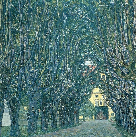 Gustav Klimt, Allee im Park von Schloß Kammer. 1912 (Klassische Moderne, Jugendstil, Allee, Bäume, Park, Landschaft, Weg, Schloss, Zufahrt, Wohnzimmer, Treppenhaus,  Malerei, Wunschgröße, bunt)