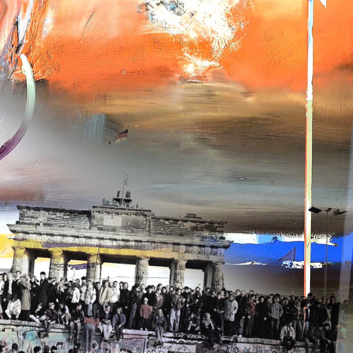 Peter Sander, 9.11. (Brandenburger Tor, Mauerfall, 1989, Politik, Menschen, Popart Künstler, modern, illustrativ, Wunschgröße, Treppenhaus, Wohnzimmer,)