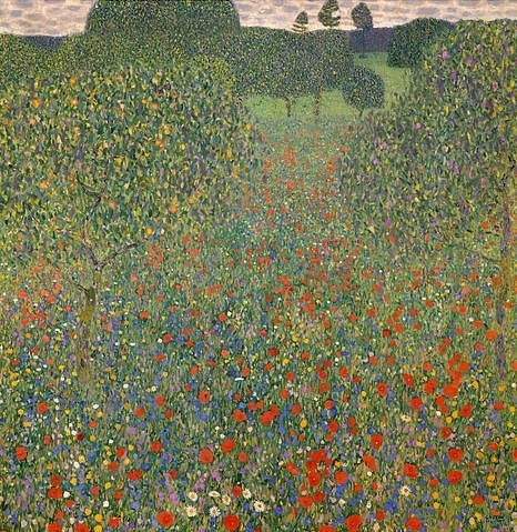 Gustav Klimt, Mohnwiese. 1907 (Klassische Moderne, Jugendstil, Blütenpracht,  Mohnwiese, Blumen, Frühling, bunt, Wohnzimmer, Treppenhaus, Schlafzimmer, Malerei, Wunschgröße, bunt)