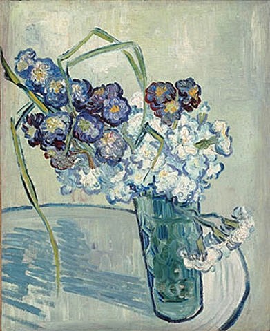 Vincent van Gogh, Vase mit Nelken. Auvers, Juni 1890. (Stillleben, Blumen, Blüten, Vase, Glasvase, Nelken, Tisch, Klassische Moderne, Impressionismus, Wohnzimmer, Treppenhaus, Wunschgröße, bunt)