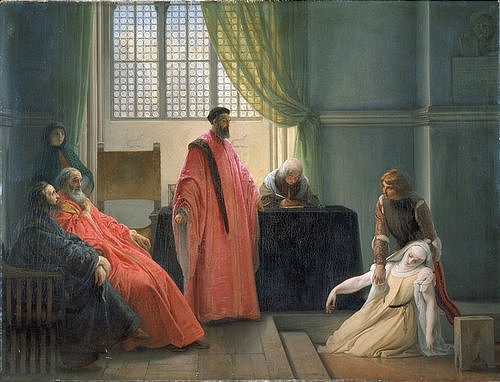 Francesco Hayez, Valenza Gradenico vor der Hl. Inquisition. (Valenza Gradenico, Vater, Tochter, Inquisition, Interieur, Schreiber, Sekretär, Gericht, Justiz, ohnmächtig, Verurteilung, Romantik, Malerei, Wohnzimmer)