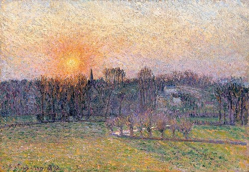 Camille Pissarro, Sonnenuntergang über Baumlandschaft. 1892 (Christie's Images Ltd,Pissarro,Camille,1830-1903,Öl auf Leinwand,Camille Pissarro,19. Jahrhundert,Sonnenuntergang,Landschaft,Dorf,Kirchturm,romantisch,Impressionismus,impressionistisch,Bäume,Sonne,Frankreich, französischer impressionismus)