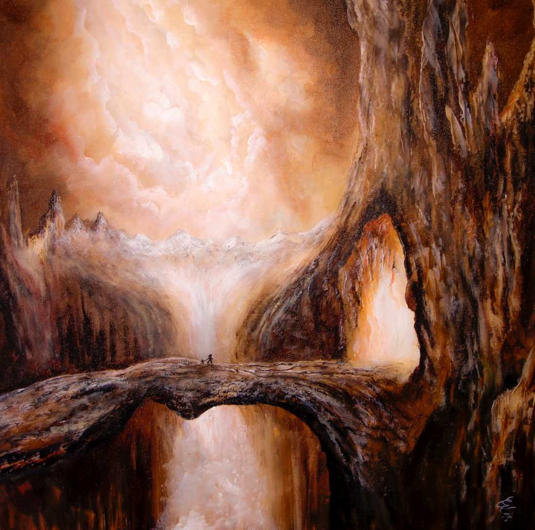 Conny Krakowski, Schritte dahin (Surrealismus, Traum, Magie, Esoterik, Baum, Traumbaum,Lebensbaum,Geburt,Leben,Sterben,Wege, Lebensweg, Phantasie,Fantasie,Realismus,Malerei,Gemläde,detaiiert,Traumbild,Traumlandschaft,Landschaftsmalerei,Träumerei,Wasserfall,Berge,Wolken,)