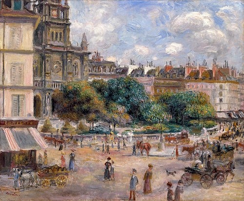 Pierre-Auguste Renoir, Place de la Trinité. 1893 (Vedute, Stadtansicht, Gebäude, Metropole, Paris, Place de la Trinité, Platz, Frankreich, Kutschen, Alltagsszene,  Impressionismus, klassische Moderne, Wunschgröße, Wohnzimmer, Malerei)