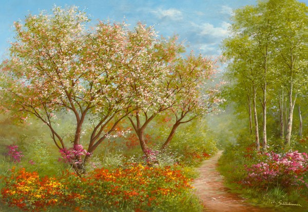 Heinz Schölnhammer, WALDWEG IN DER SONNE (Landschaft, Waldweg, Frühling, Jahreszeit, Bäume, Blüten,  Stille, Einsamkeit, Realismus, Wunschgröße, Wohnzimmer, Treppenhaus, Malerei, bunt)