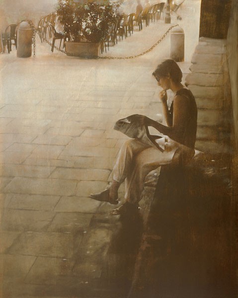 Antonio Sgarbossa, IN PIAZZA VECCIA (Bergamo, Italien, Platz, Städte, Lewende Frau, historisch, Malerei, Wunschgröße, Wohnzimmer, Treppenhaus, Malerei, sepia - coloriert)