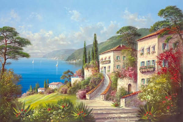 H. Buchner, MY RETREAT (Landschaft, Landschaftsmalerei, Italien, Ligurien, Idylle, Meeresblick, Terrasse, mediterran, Wunschgröße,  Wohnzimmer, Schlafzimmer, Treppenhaus, Malerei, bunt)