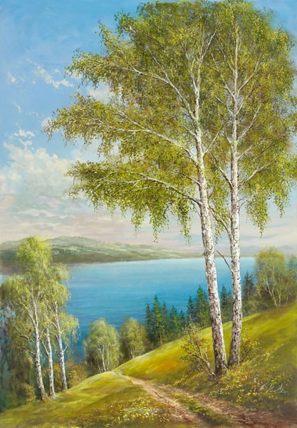 Helmut Glassl, BIRCHES AT THE LAKE II (Malerei, Landschaften, Natur,   See, Birken, Idylle, Wanderweg, Ruhe, Bäume, Nostalgie, Wohnzimmer, Treppenhaus, Wunschgröße, bunt)