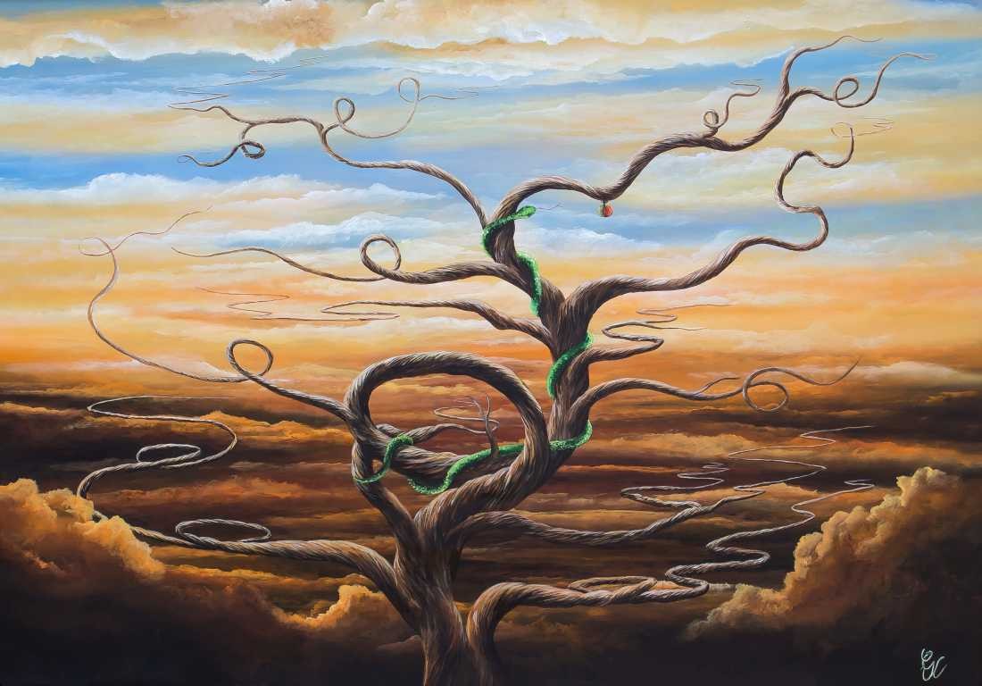 Conny Krakowski, Seit Urzeiten (Surrealismus, Traum, Magie, Esoterik, Baum, Traumbaum,Lebensbaum,Geburt,Leben,Sterben,Wege, Lebensweg, Phantasie,Fantasie,Realismus,Malerei,Gemläde,detaiiert,Traumbild,Traumlandschaft,Landschaftsmalerei,Träumerei,Wasserfall,Berge,Wolken,)