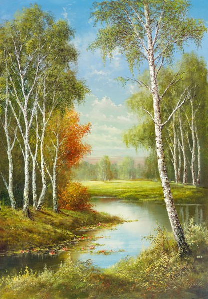 Helmut Glassl, BIRCHES (Malerei, Landschaften, Natur, Wald, Fluss, Birken, Idylle,   Ruhe, Bäume, Nostalgie, Wohnzimmer, Treppenhaus, Wunschgröße, bunt)