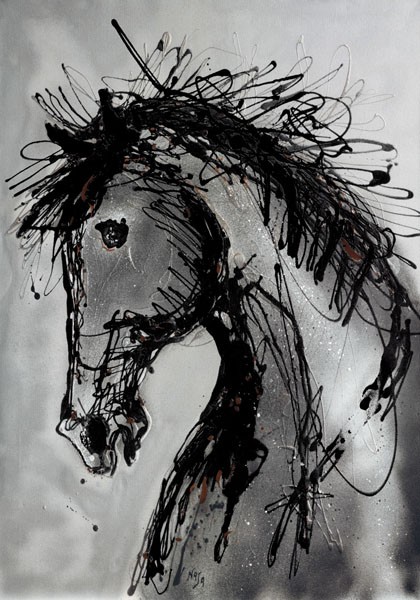 Naja, YEARLING (Pferd, lebhaft, wild, Tier, Mähne, Tierportrait, Aquarell, Zeichnung, Treppenhaus, Wohnzimmer, Wunschgröße, grau/schwarz)
