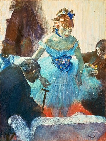 Edgar Degas, Tänzerin in der Garderobe. (Degas,Edgar,1834-1917,Privatbesitz,Edgar Degas,20. Jahrhundert,Tänzerin,Ballerina,Ballett,Garderobe,nähen, französischer impressionismus,französisch,impressionistisch)