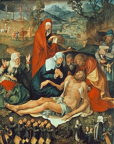 Albrecht Dürer, Die Beweinung Christi  (Holzschuherische Beweinung). (Tannenholz,Nürnberg,Germanisches Nationalmuseum,1471-1528,Dürer,Albrecht,Albrecht Dürer,16. Jahrhundert,15. Jahrhundert,Beweinung,Trauer,Christus,Jesus,Maria,Magdalena,Golgatha,Kalvarienberg,Johannes,Stifter,Holzschuher)
