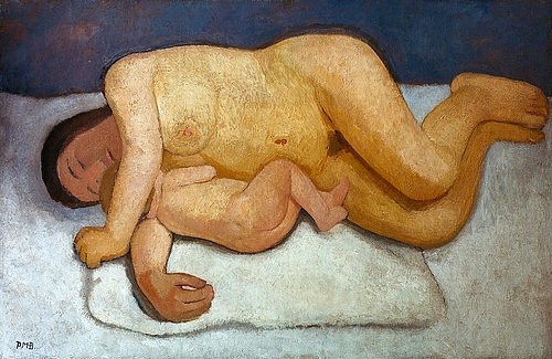 Paula Modersohn-Becker, Ruhende Mutter mit Kind. 1906. (Modersohn-Becker,Paula,1876-1907,Privatbesitz Bremen,Paula Modersohn-Becker,20. Jahrhundert,Mutter,Kind,Baby,Säugling,Akt,nackt,liegen,ausruhen,Mutterschaft)