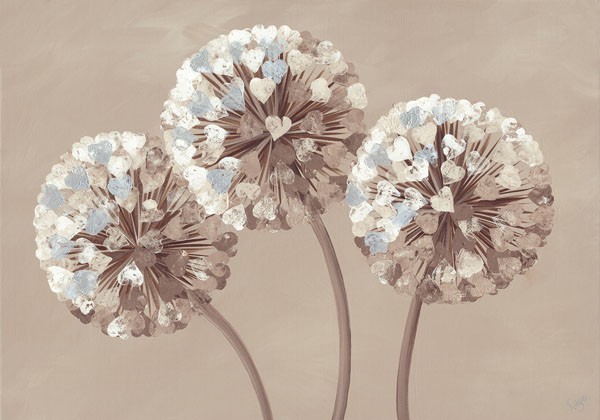 Kaye Lake, CHOCOLATE ALLIUM HEARTS (Malerei, Zeitgenössisch, Natur, Blumen, Blüten, Herzen, Blütenzweig, Blütenball, Kräuter, Lauch,  Wunschgröße, Treppenhaus, Wohnzimmer, Weiß / braun)
