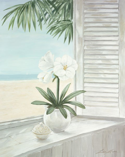 Linda Moore, SEAVIEW (Malerei, Meeresbrise, Strand, Fenster, Ausblick, Meerblick, maritim, Palme, Orchidee, Licht, Hell, Esszimmer, Landhaus, Wunschgröße, bunt)