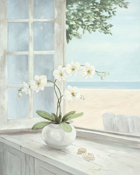 Linda Moore, SEASHELL (Malerei, Meeresbrise, Strand, Fenster, Ausblick, Meerblick, maritim,  Muscheln, Orchidee, Licht, Hell, Esszimmer, Landhaus, Wunschgröße, bunt)