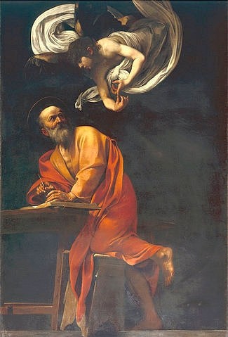 Michelangelo Merisi da Caravaggio, Der Heilige Matthäus mit Engel. 1602. (Evangelist, Engel, Botschaft, Inspiration, Neues Testament, Bibel, Apostel, Hell-Dunkel, Barock, Klassiker, Malerei, Wunschgröße, Wohnzimmer)