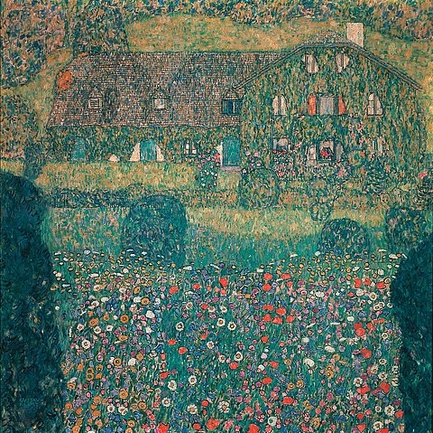 Gustav Klimt, Landhaus am Attersee. 1914. (Klimt,Gustav,1862-1918,Wien,Österreichische Galerie Belvedere,Gustav Klimt,wiener jungendstil,österreichisch,wiese,bauernhaus,bauernhof,idylle,natur,blumen,blumenwiese,garten)