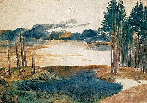 Albrecht Dürer, Weiher im Wald. Um 1497 (Dürer,Albrecht,1471-1528,London,British Museum,15. Jahrhundert,Wasser- und Deckfarben,Renaissance,Albrecht Dürer,natur,landschaft,teich,see)