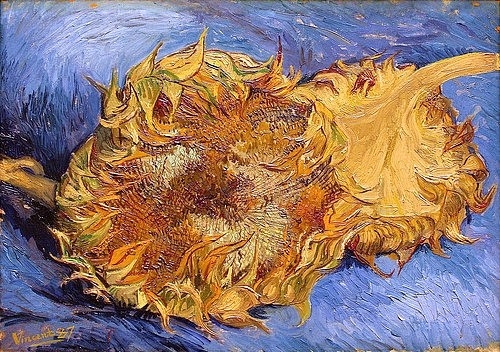 Vincent van Gogh, Zwei abgeschnittene Sonnenblumen. 1887 (Gogh,Vincent van,1853-1890,New York,Metropolitan Museum,Vincent van Gogh,19. Jahrhundert,Frankreich,französisch,Niederlande,niederländisch,Holland,holländisch,Moderne,Vorreiter,Wegbereiter,Autodidakt,Expressionismus,expressiv,pastos,Duktus,Linienführung,s)