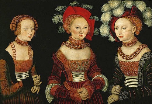 LUCAS CRANACH Der Ältere, Die Prinzessinnen Sibylla, Emilia und Sidonia von Sachsen. 1535 (Persönlichkeiten, jungen Frauen, Prinzessinnen, Kopfschmuck, Adel,  Klassiker, Renaissance, Wunschgröße, Wohnzimmer)