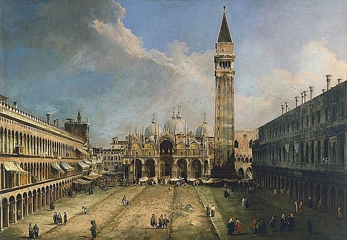 Canaletto (Giovanni Antonio Canal), Die Piazza San Marco in Venedig. 1723. (Canaletto (Giovanni Antonio Canal),1697-1768,Lugano,Slg.Thyssen-Bornemisza,Antonio Canal (Canaletto),Vedutenmalerei,Vedute,Venedig,Architektur,Kirche,Italien)