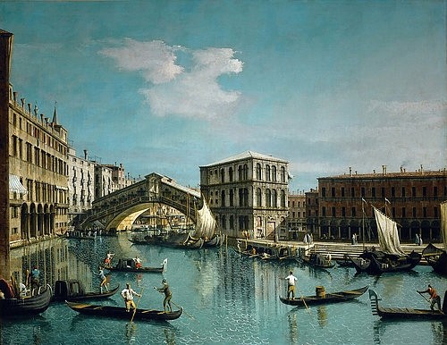 Canaletto (Giovanni Antonio Canal), Die Rialtobrücke in Venedig mit Gondolieren im Vordergrund. Um 1720. (Canaletto (Giovanni Antonio Canal),1697-1768,Paris,Musée de l'Orangerie,Italien,Venedig,Antonio Canal (Canaletto),17. Jahrhundert,18. Jahrhundert,Stadt,Venedig,Rialtobrücke,Schiff,Gondel,Brücke,romantisch)