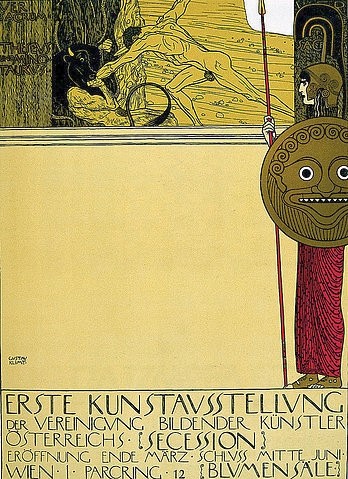 Gustav Klimt, ""Plakat für die 1. Sezessions-Ausstellung (unzensuriert), in """"die Fläche"""", 1898."""" (Klimt,Gustav,1862-1918,Foto:  ? IMAGNO - ARTOTHEK,Gustav Klimt,19. Jahrhundert,20. Jahrhundert,Österreich,österreichisch,Jugendstil,Art Nouveau,Symbolismus,symbolisch,symbolistisch,Allegorie,Mythologie,mythologisch,Götter,Göttin,Athene,Fries,Plakat,Wiener)