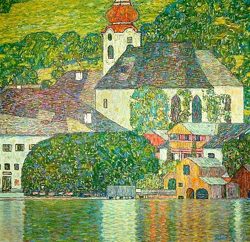 Gustav Klimt, Kirche in Unterach am Attersee. (D.198). Um 1916 (Klimt,Gustav,1862-1918,Privatbesitz Graz,Gustav Klimt,wiener jugendstil,see,dorf,gebäude,ufer,häuser)