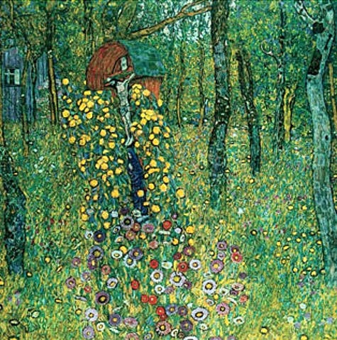 Gustav Klimt, Bauerngarten mit Kruzifix. (D.174). 1911/1912, 1945 verbrannt (Klimt,Gustav,1862-1918,Gustav Klimt,19. Jahrhundert,20. Jahrhundert,österreichisch,Jugendstil,Art Nouveau,Symbolismus,symbolisch,symbolistisch,Landschaft,Österreich,Garten,Natur,Bauerngarten,Kruzifix,Blumen,Wald,Bäume,Wiese,romantisch,verwildert,Sommer,so)